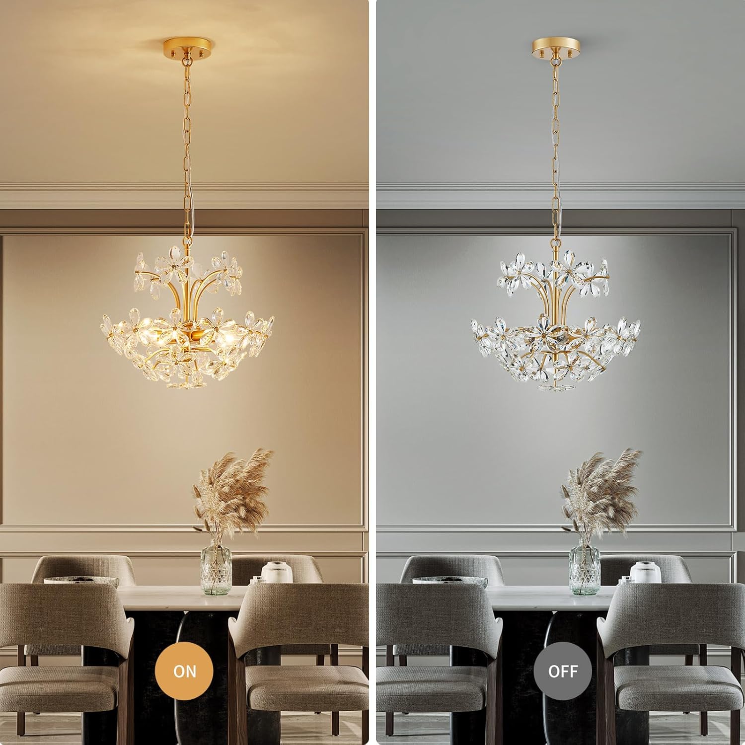 Modern Luxury Crystal Flower Chandelier - Adjustable Gold Pendant Light with 6 E12 Bulb Holders for Ceiling, Sloped, or Vaulted Mounting