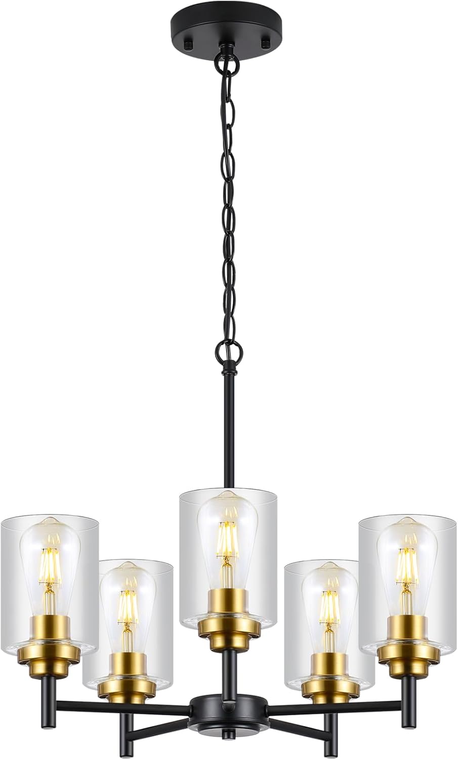 Modern Industrial Chandelier with Clear Glass Shades – 5-Light Adjustable Pendant with E26 Socket, Black & Gold