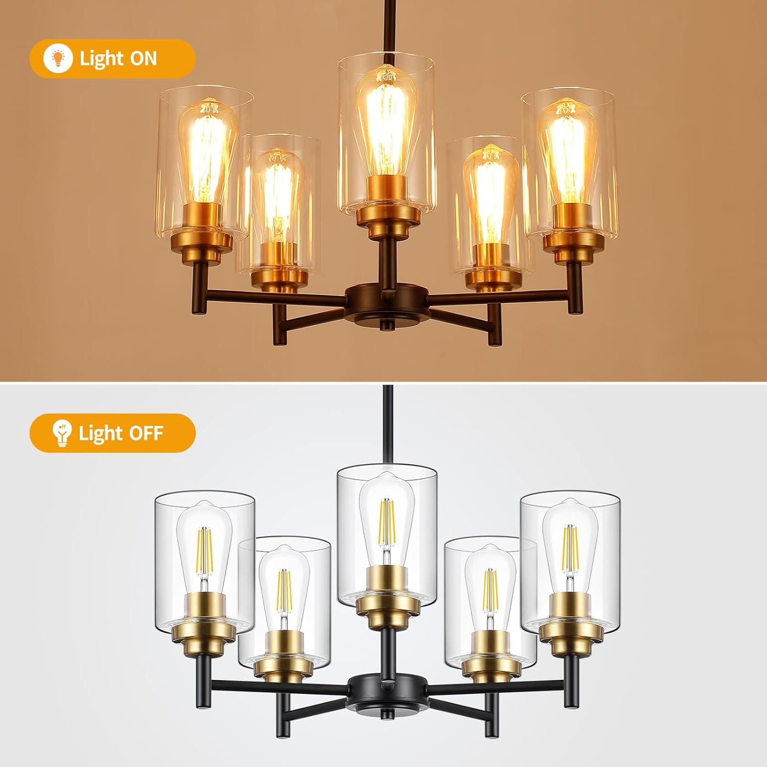 Modern Industrial Chandelier with Clear Glass Shades – 5-Light Adjustable Pendant with E26 Socket, Black & Gold