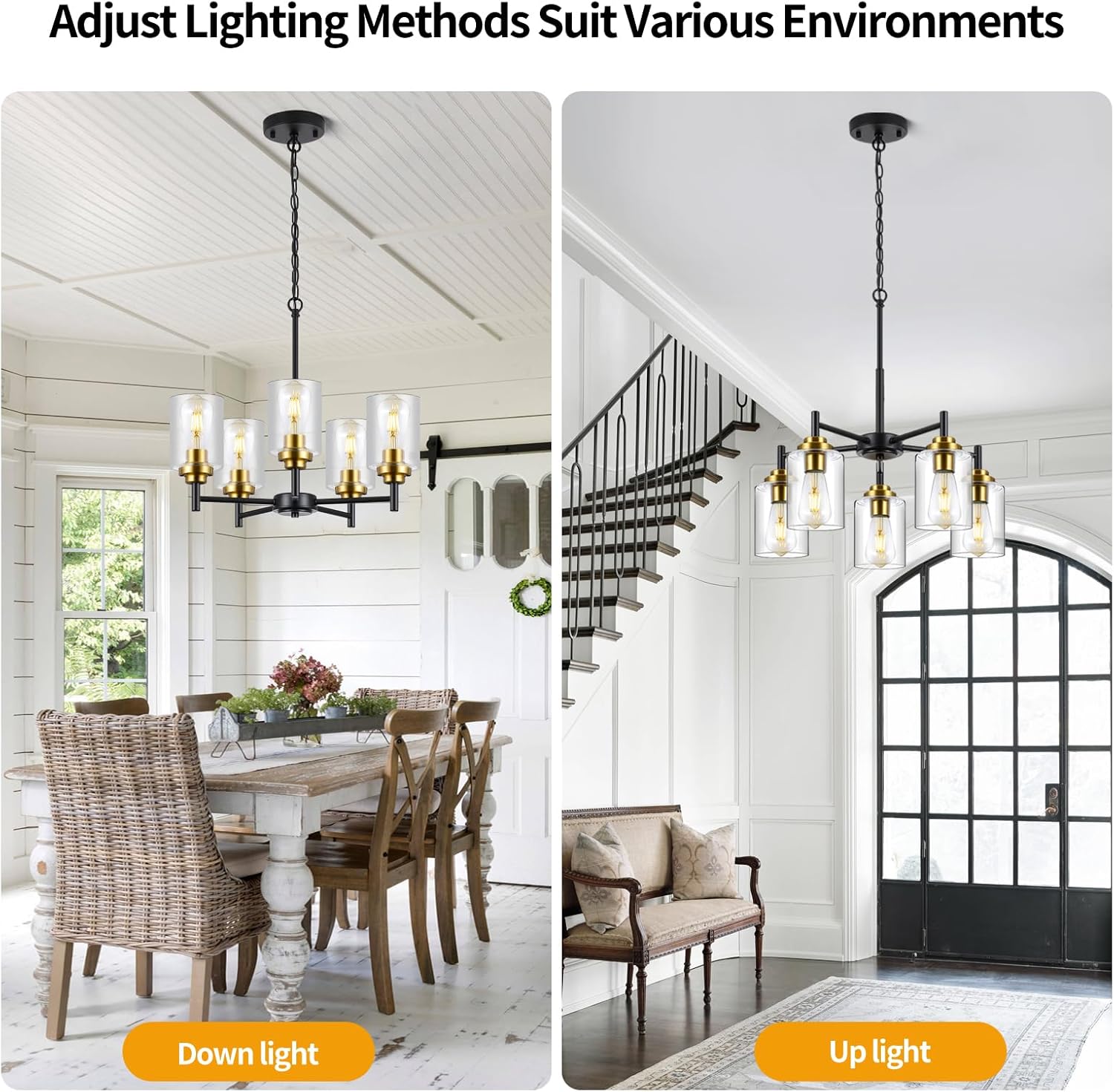 Modern Industrial Chandelier with Clear Glass Shades – 5-Light Adjustable Pendant with E26 Socket, Black & Gold