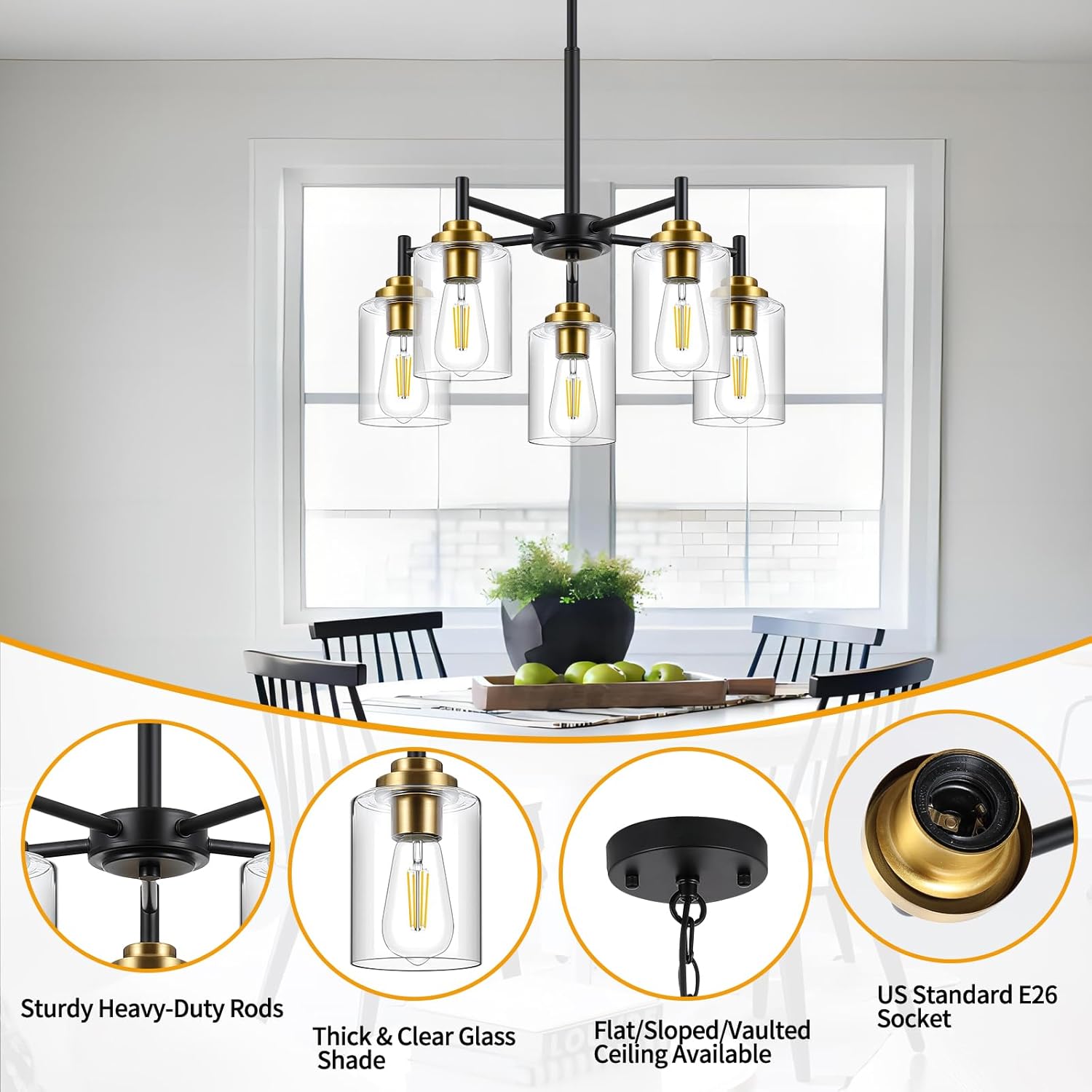 Modern Industrial Chandelier with Clear Glass Shades – 5-Light Adjustable Pendant with E26 Socket, Black & Gold