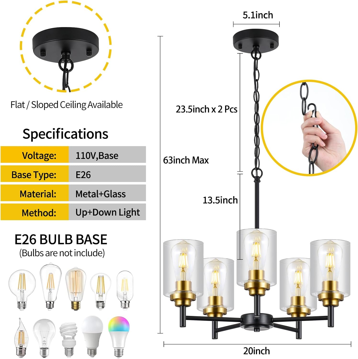 Modern Industrial Chandelier with Clear Glass Shades – 5-Light Adjustable Pendant with E26 Socket, Black & Gold