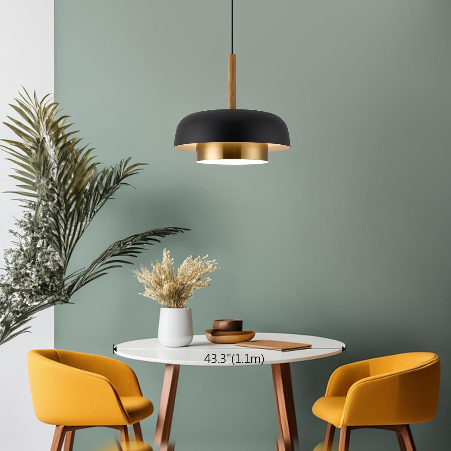 Luxury Matte Black and Gold Pendant Light with Wood Accent - Adjustable E26 LED Hanging Lamp