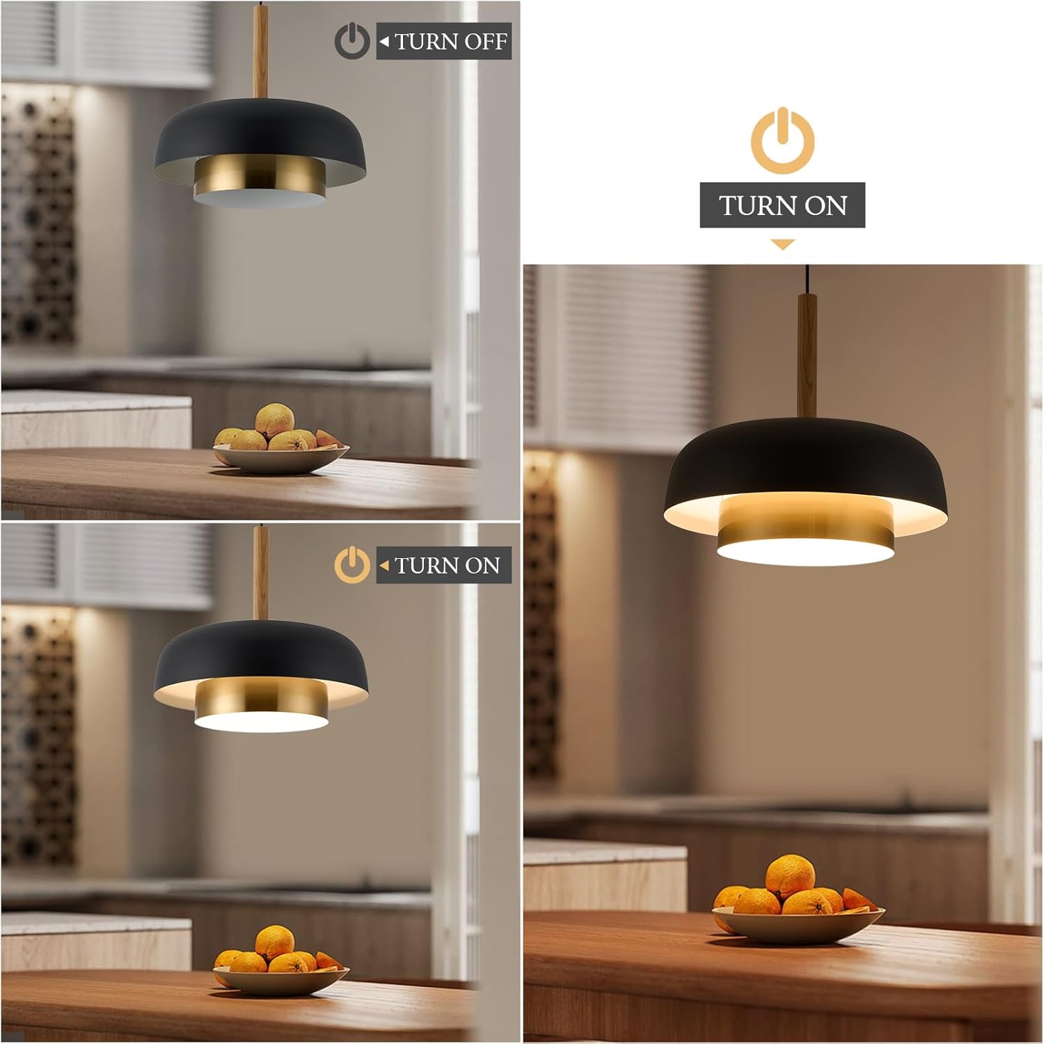 Luxury Matte Black and Gold Pendant Light with Wood Accent - Adjustable E26 LED Hanging Lamp