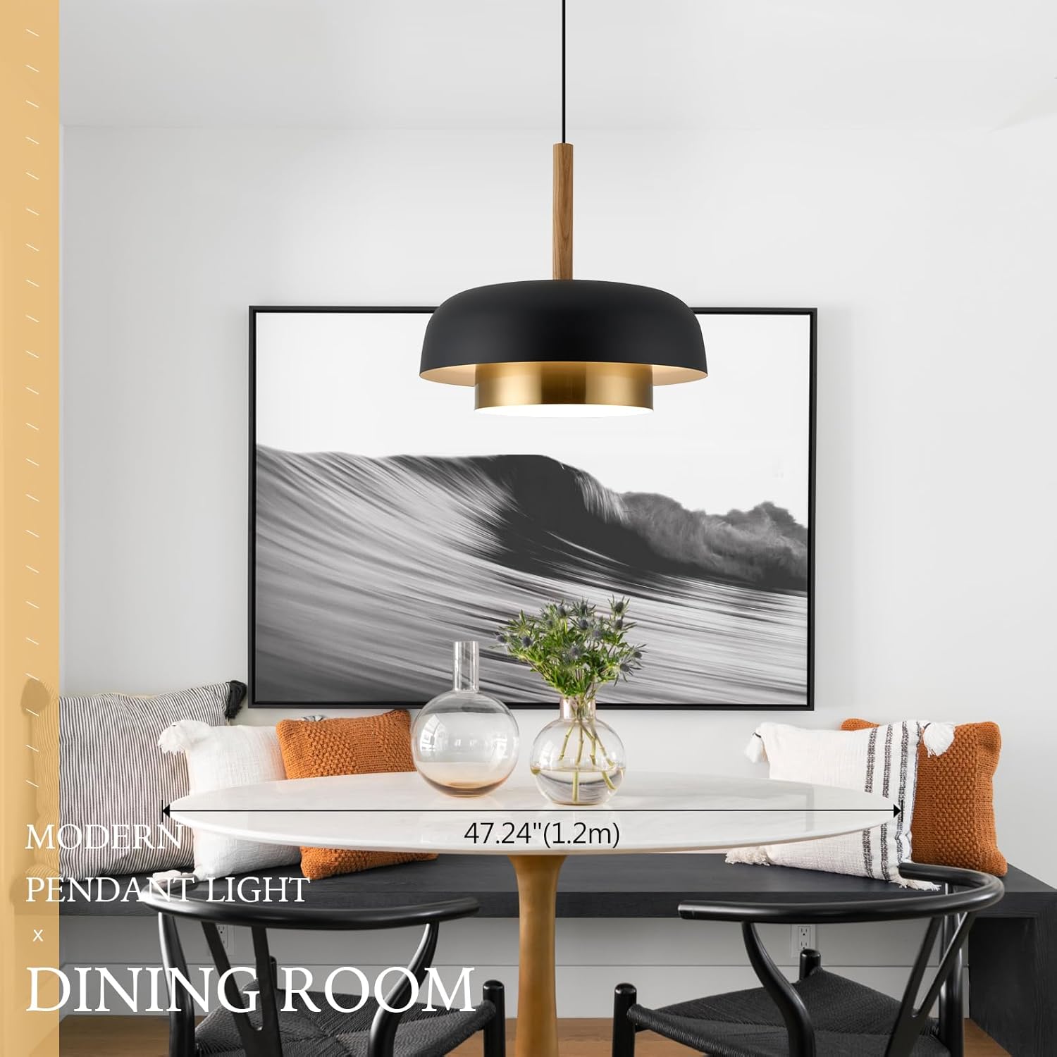 Luxury Matte Black and Gold Pendant Light with Wood Accent - Adjustable E26 LED Hanging Lamp