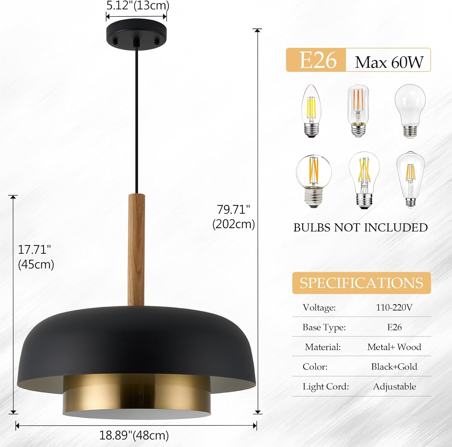 Luxury Matte Black and Gold Pendant Light with Wood Accent - Adjustable E26 LED Hanging Lamp