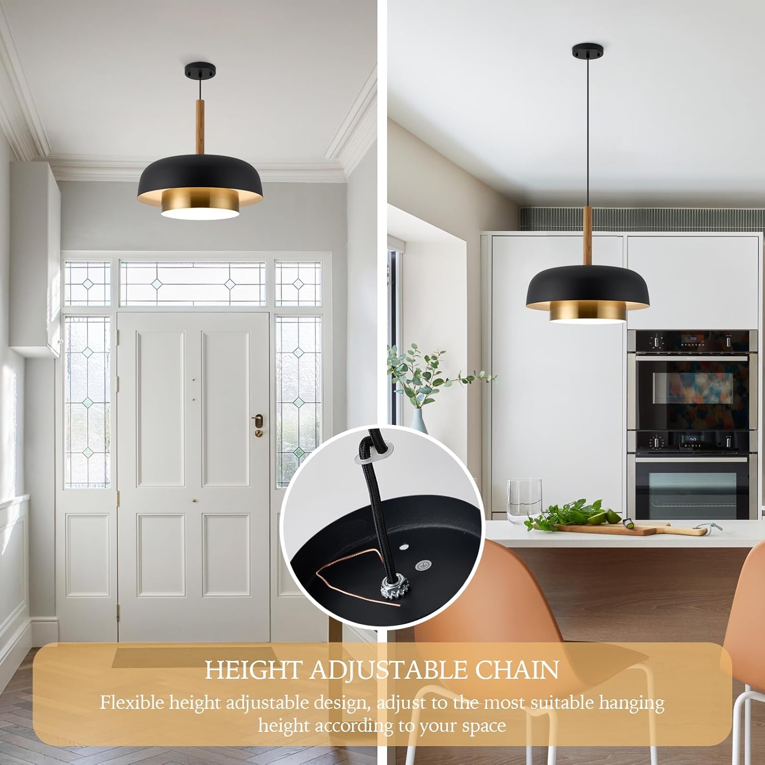 Luxury Matte Black and Gold Pendant Light with Wood Accent - Adjustable E26 LED Hanging Lamp