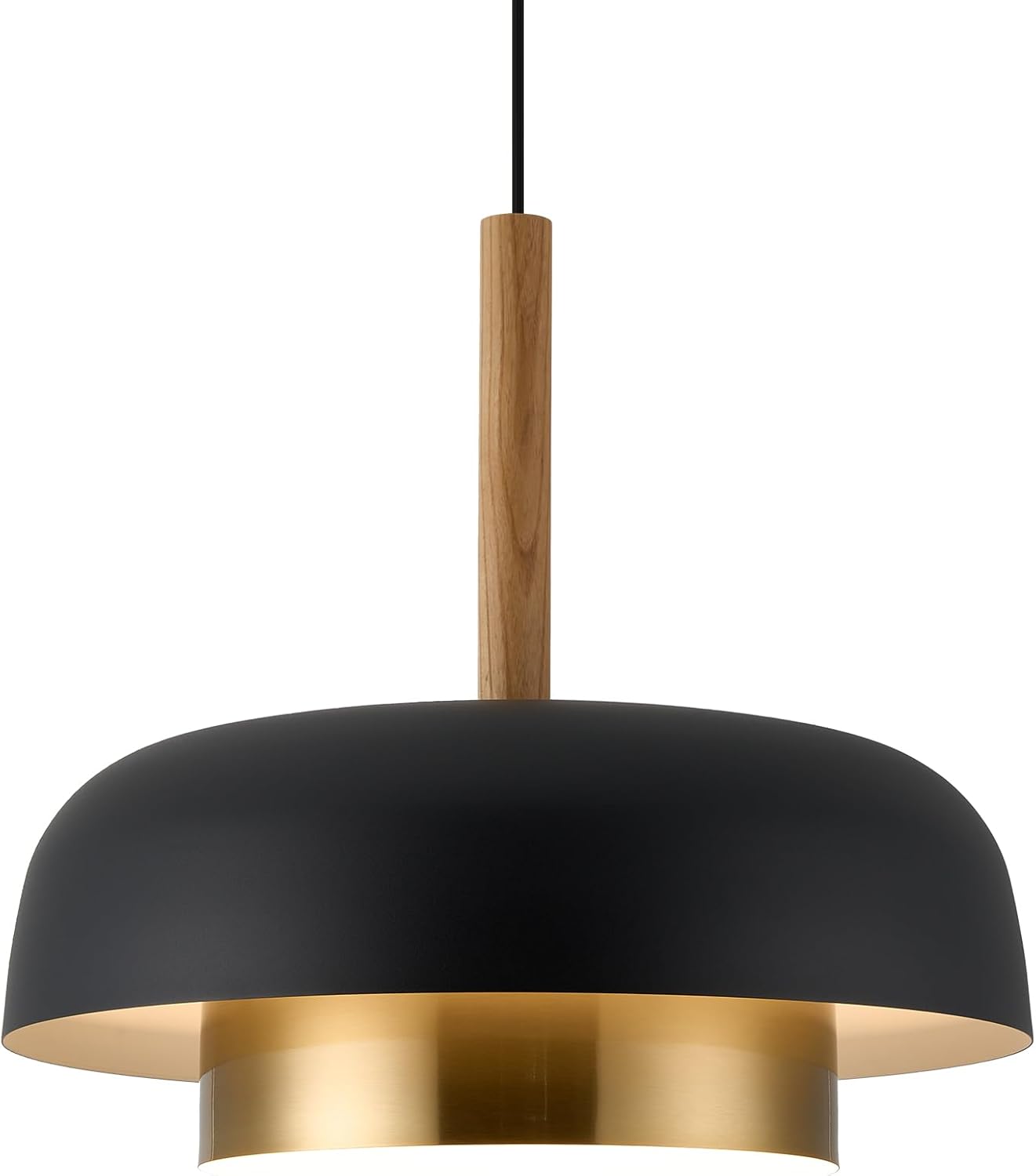 Luxury Matte Black and Gold Pendant Light with Wood Accent - Adjustable E26 LED Hanging Lamp