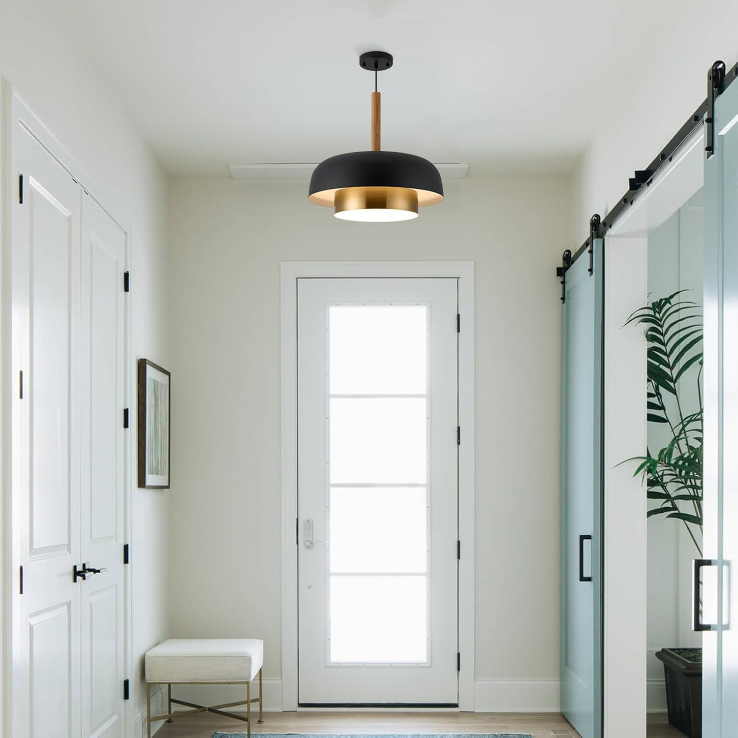 Luxury Matte Black and Gold Pendant Light with Wood Accent - Adjustable E26 LED Hanging Lamp