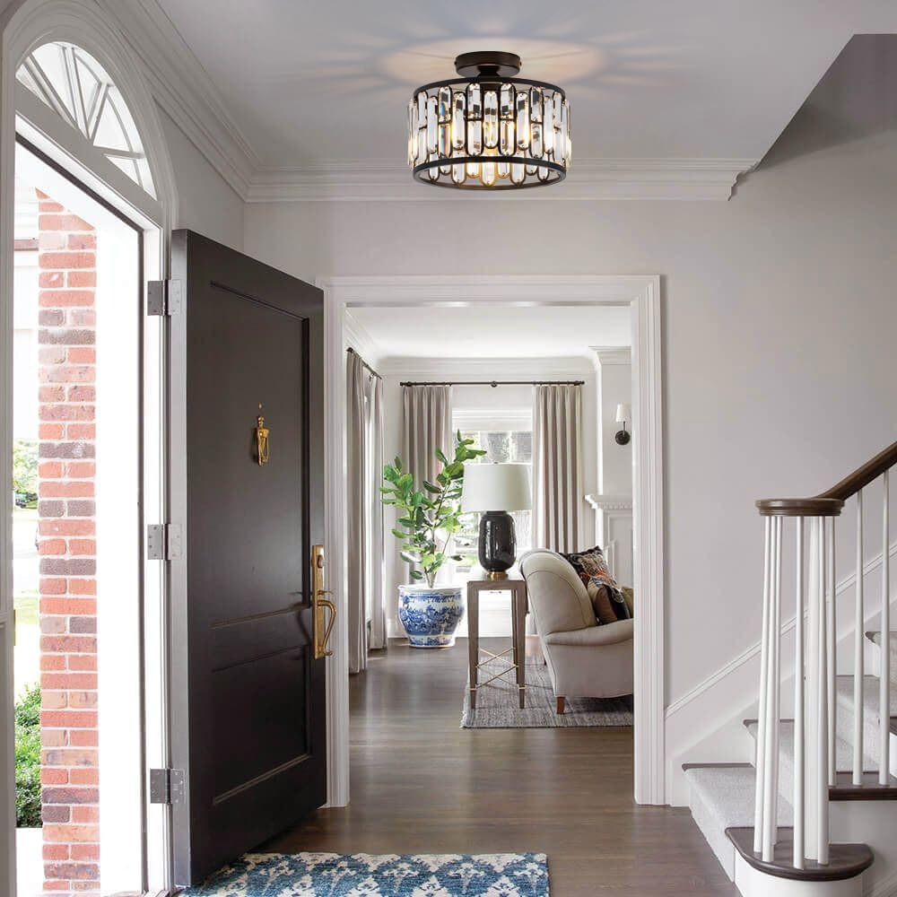 Modern Semi Flush Crystal Ceiling Light with E26 Base – Dimmable Luxury Round Fixture