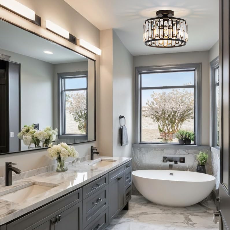 Modern Semi Flush Crystal Ceiling Light with E26 Base – Dimmable Luxury Round Fixture