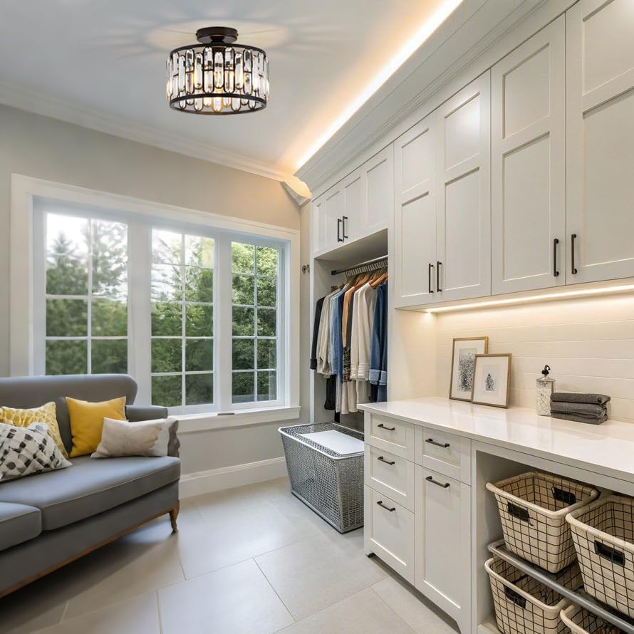 Modern Semi Flush Crystal Ceiling Light with E26 Base – Dimmable Luxury Round Fixture