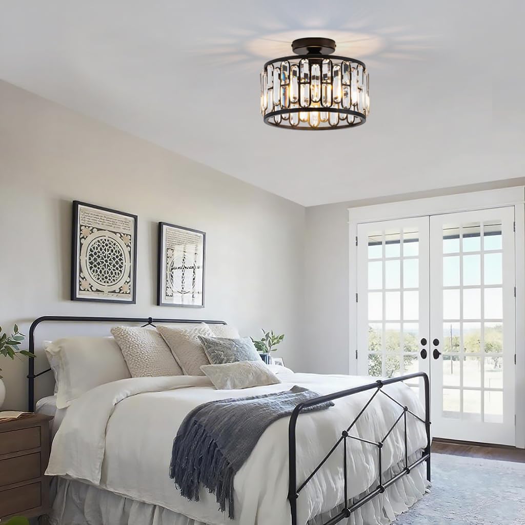 Modern Semi Flush Crystal Ceiling Light with E26 Base – Dimmable Luxury Round Fixture