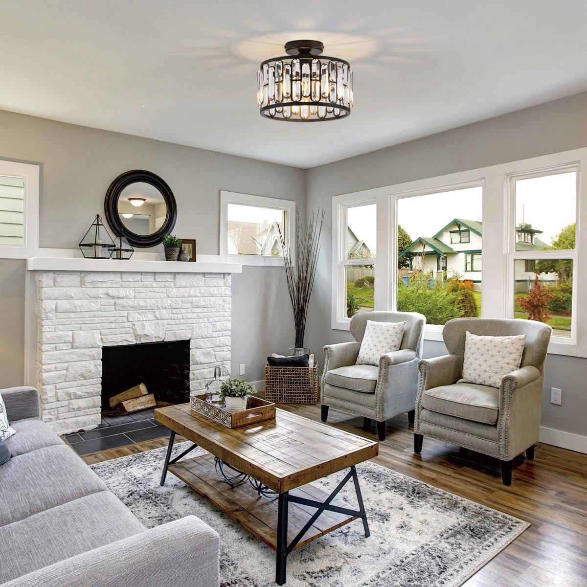 Modern Semi Flush Crystal Ceiling Light with E26 Base – Dimmable Luxury Round Fixture