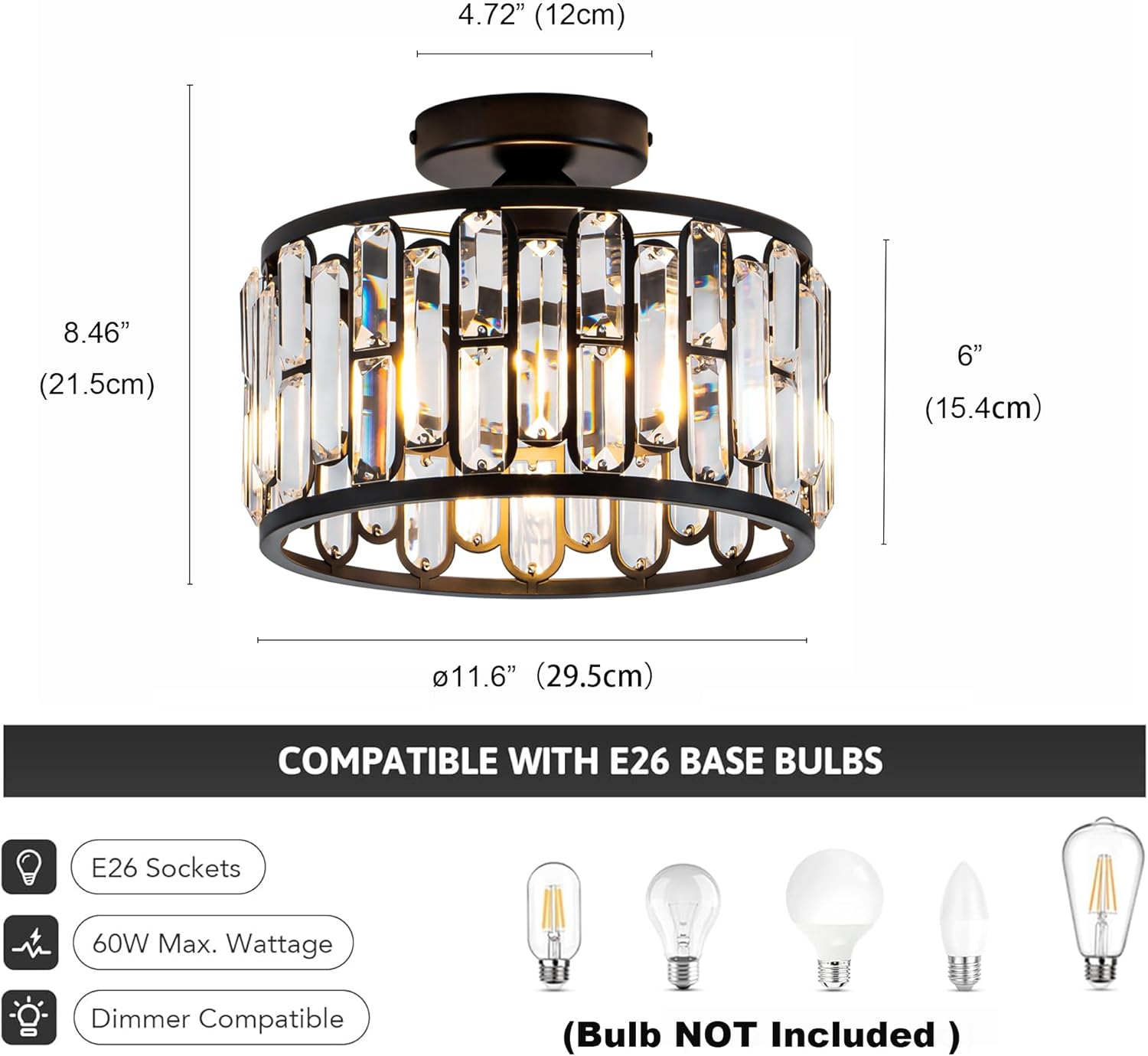 Modern Semi Flush Crystal Ceiling Light with E26 Base – Dimmable Luxury Round Fixture