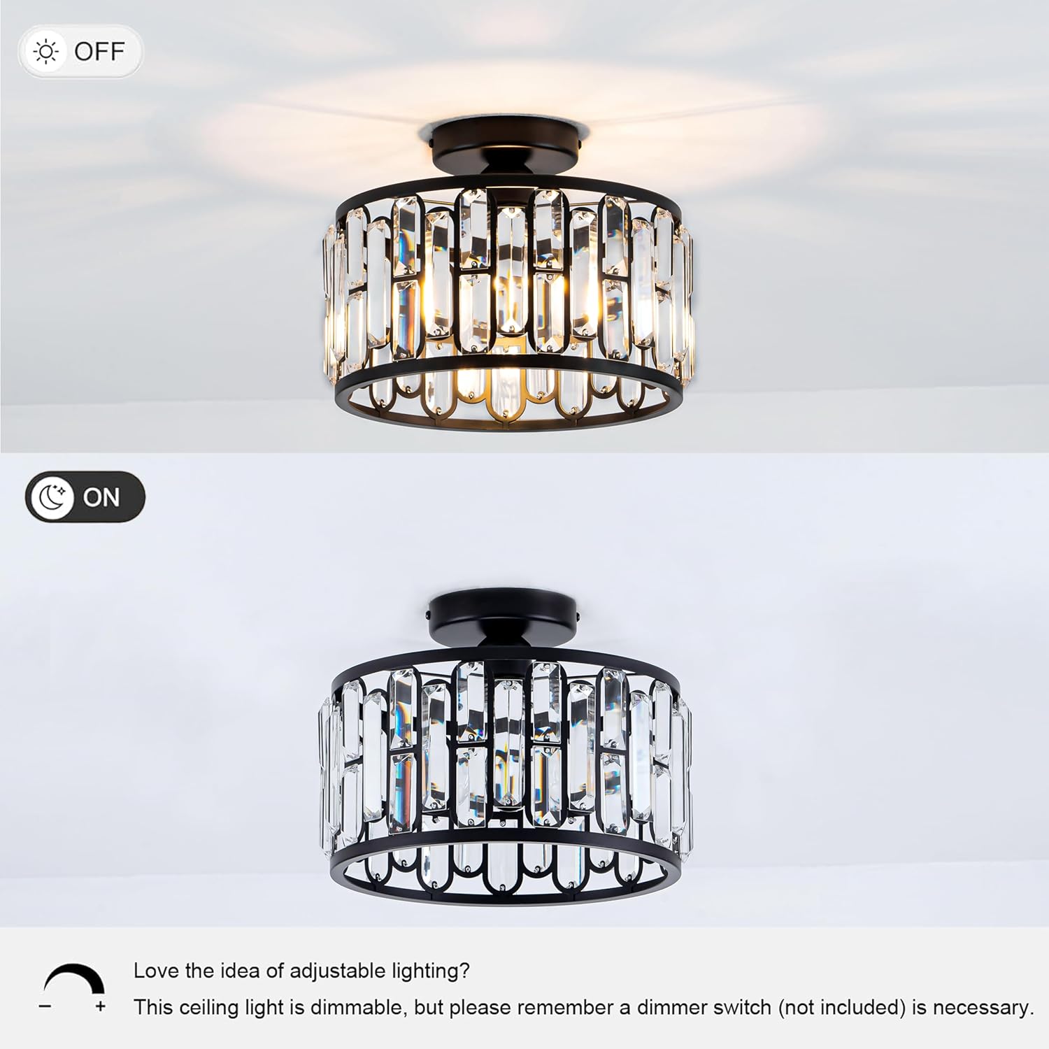 Modern Semi Flush Crystal Ceiling Light with E26 Base – Dimmable Luxury Round Fixture