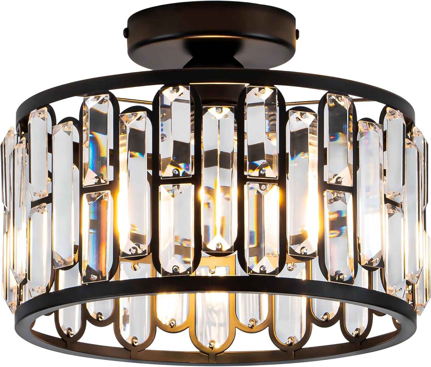 Modern Semi Flush Crystal Ceiling Light with E26 Base – Dimmable Luxury Round Fixture