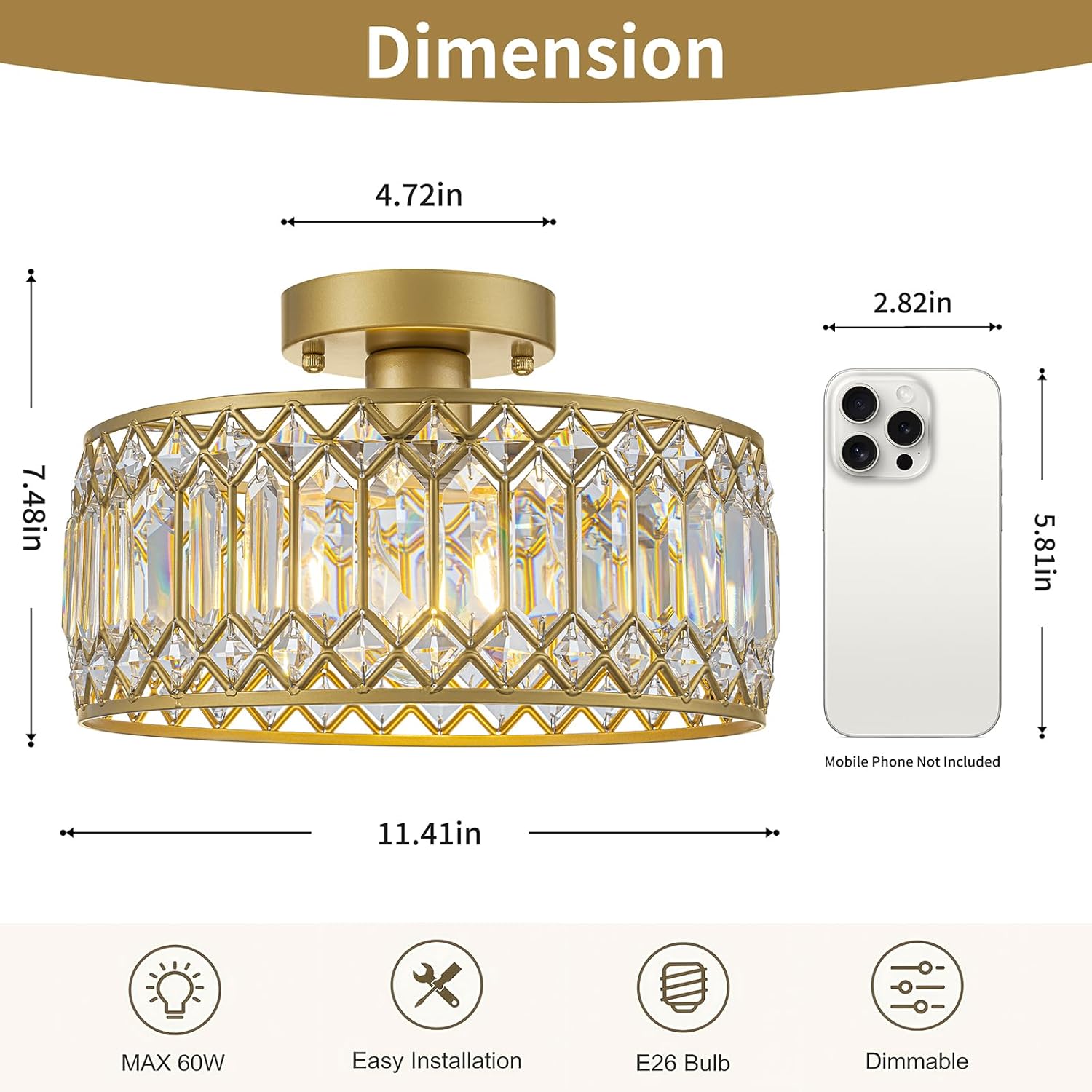 Modern Semi Flush Mount Crystal Ceiling Light – 11.4