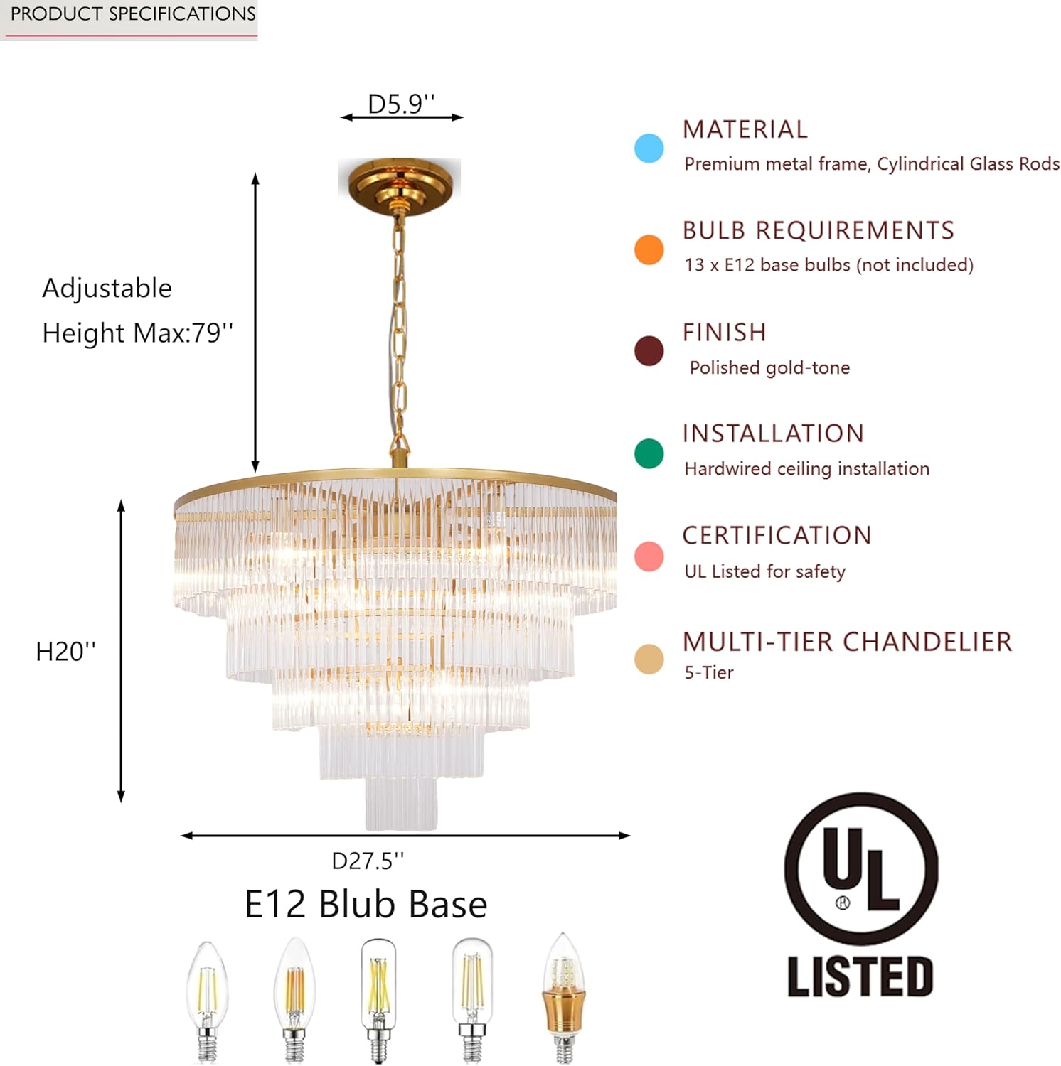 Luxury 5-Tier Gold Crystal Chandelier - 27.5