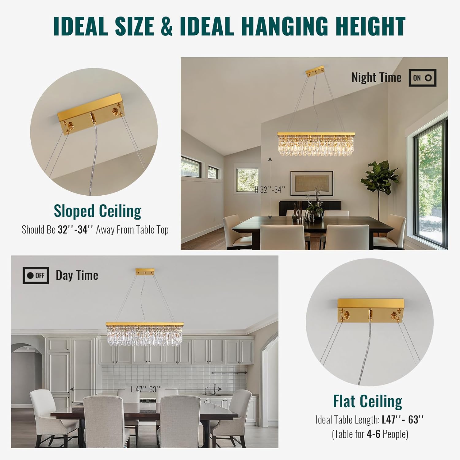 Modern Rectangular Gold Crystal Chandelier for Dining Room