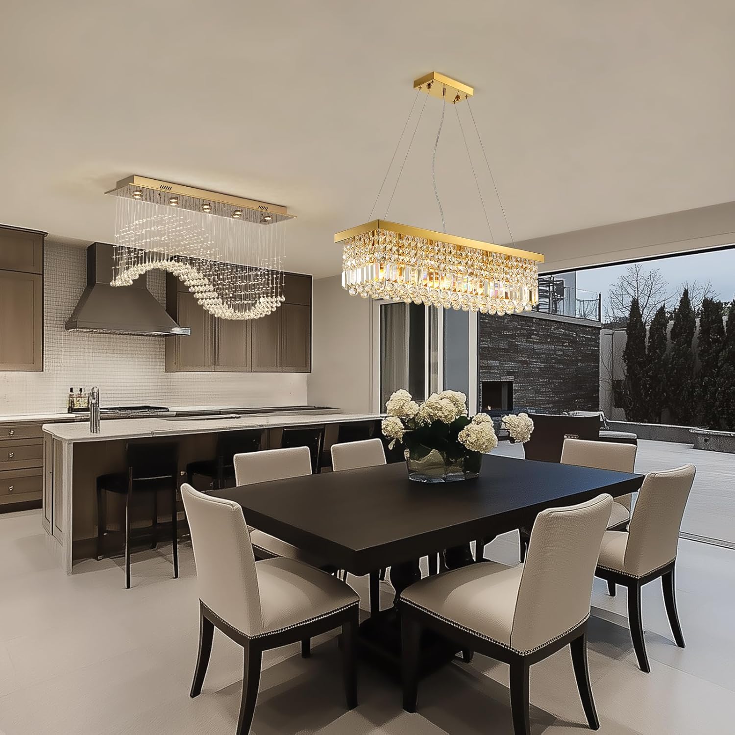 Modern Rectangular Gold Crystal Chandelier for Dining Room
