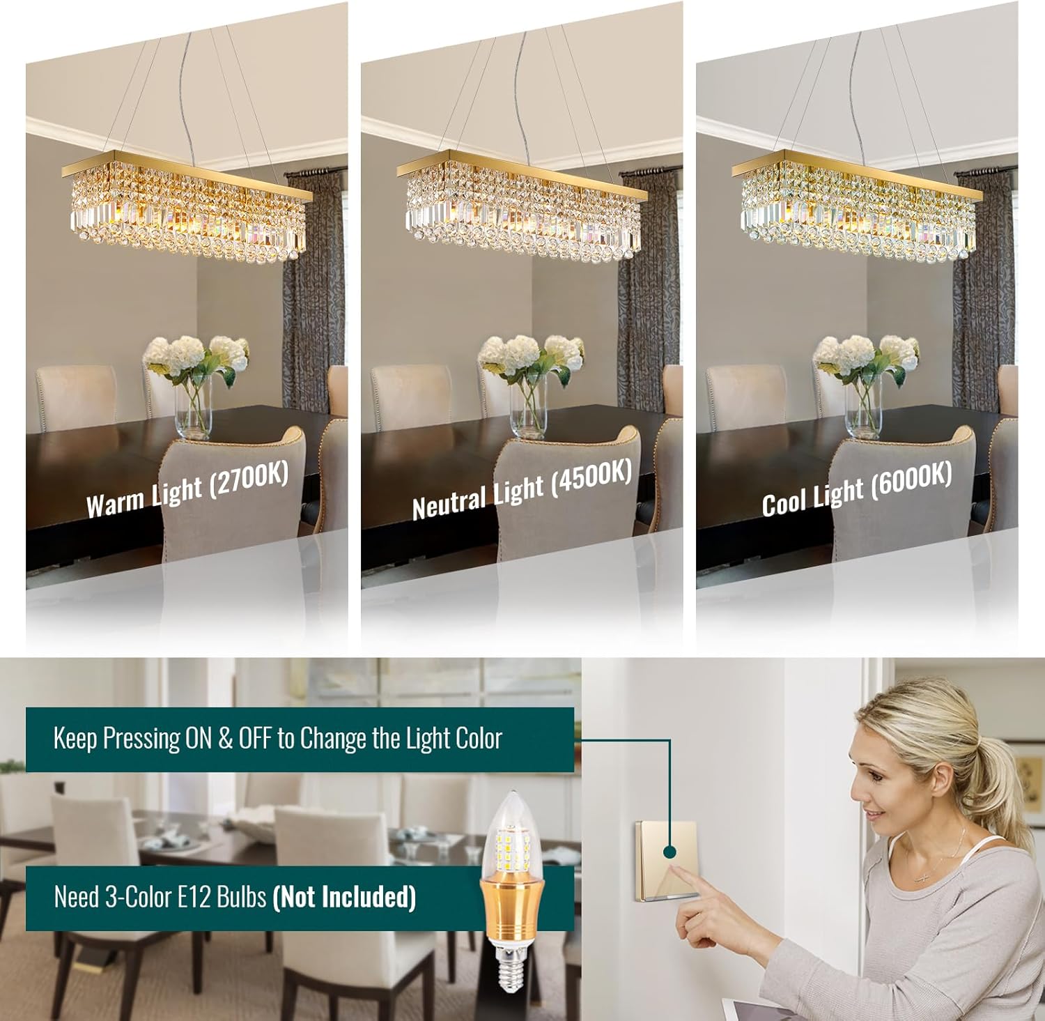 Modern Rectangular Gold Crystal Chandelier for Dining Room