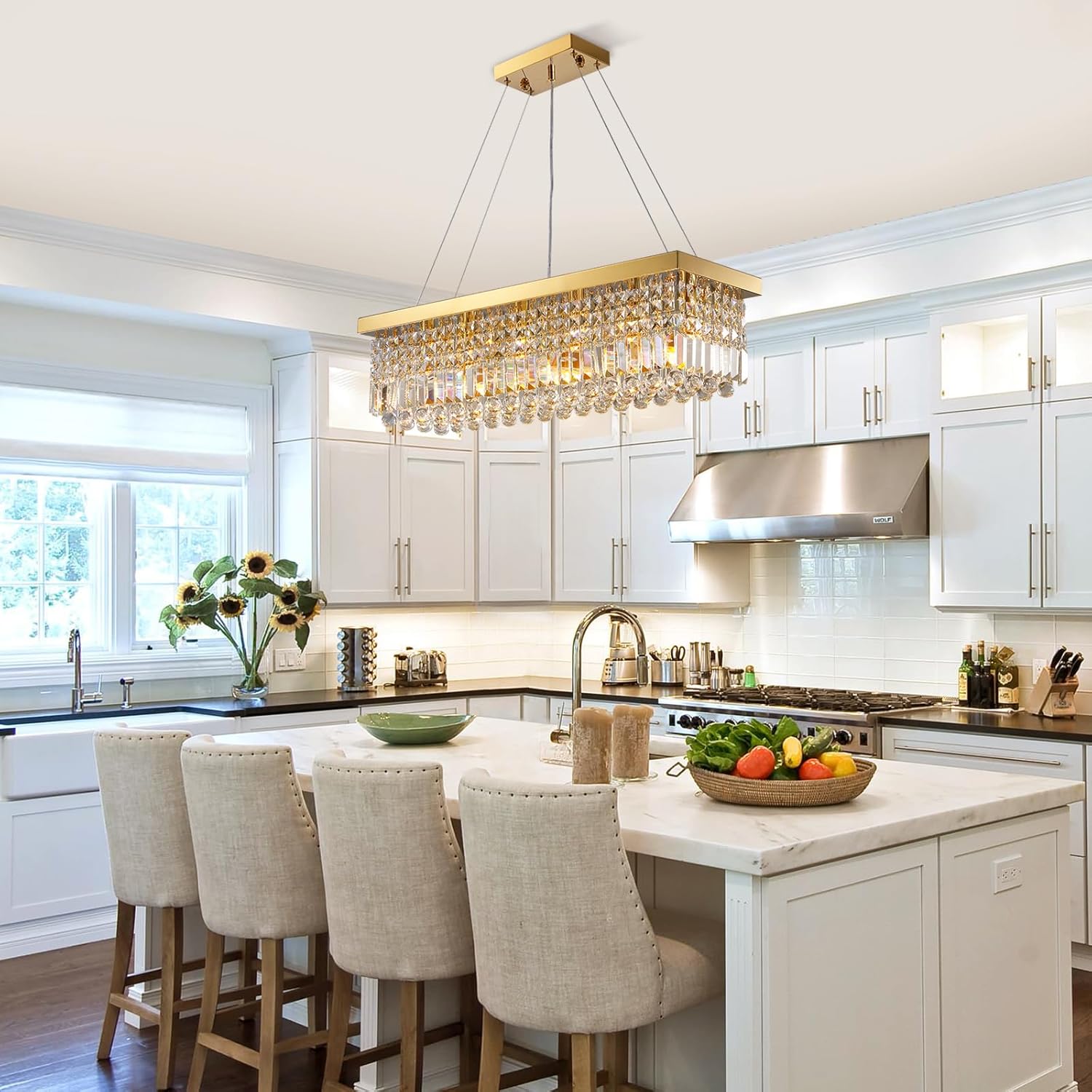 Modern Rectangular Gold Crystal Chandelier for Dining Room