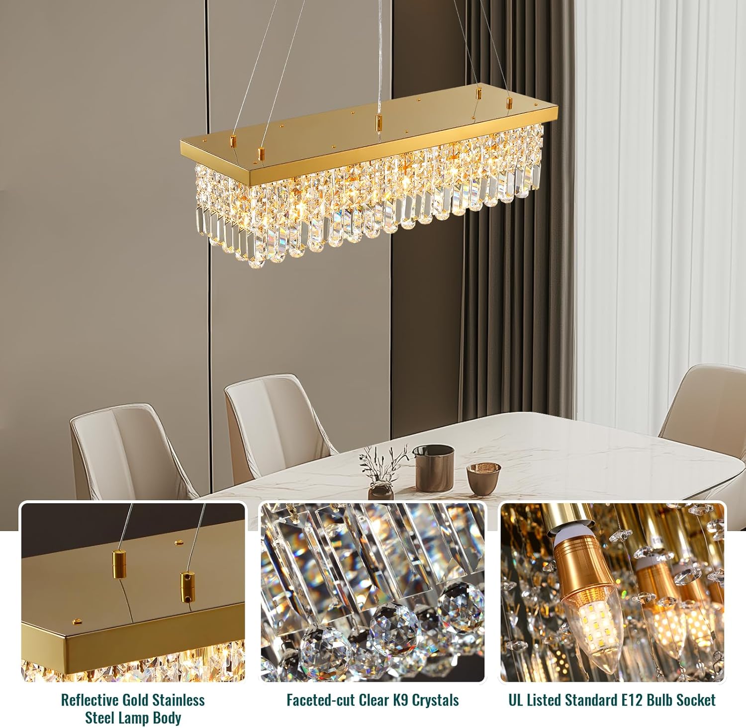 Modern Rectangular Gold Crystal Chandelier for Dining Room