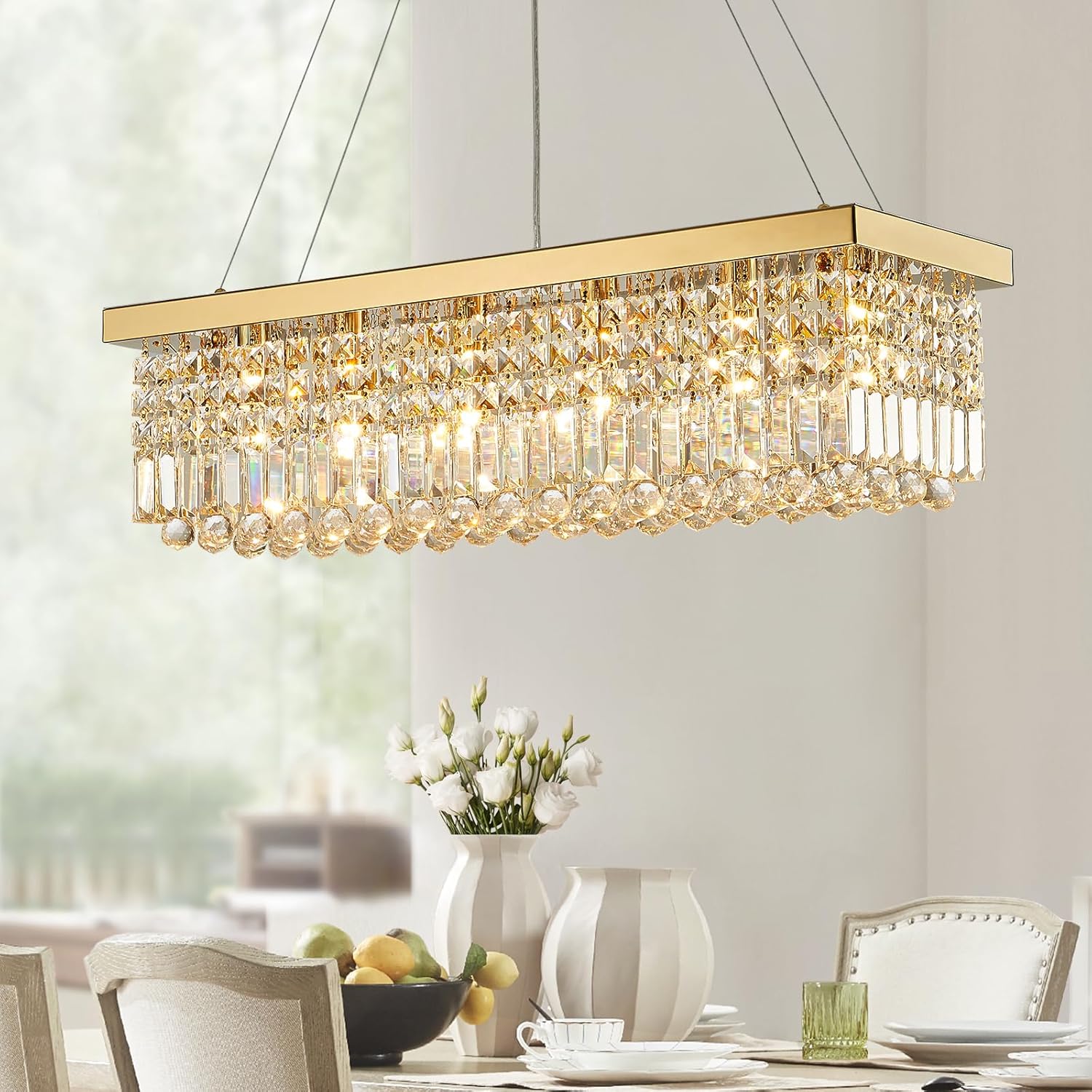 Modern Rectangular Gold Crystal Chandelier for Dining Room