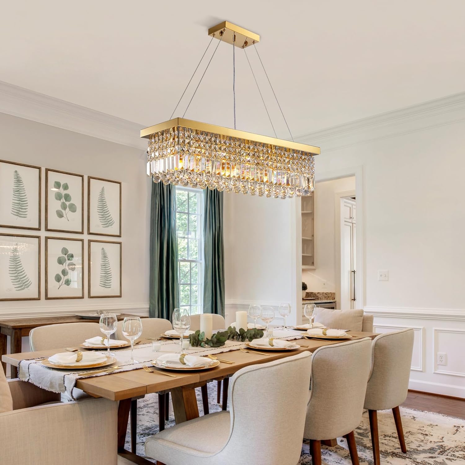 Modern Rectangular Gold Crystal Chandelier for Dining Room