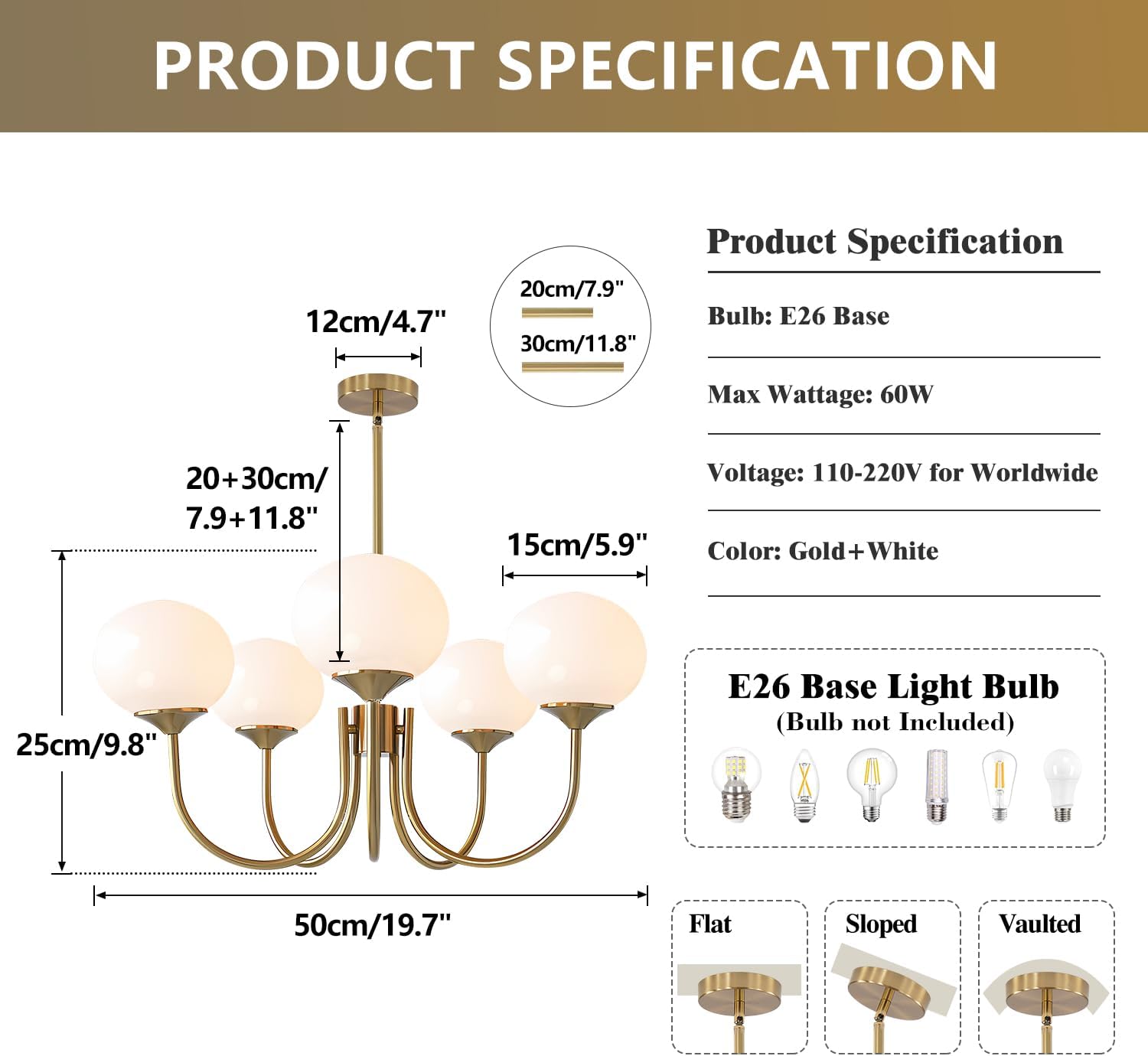 Modern Globe Chandelier with Milk Glass Shades - 5-Light Gold Pendant Ceiling Light, E26 Base, Adjustable for Flat/Sloped/Vaulted Ceilings