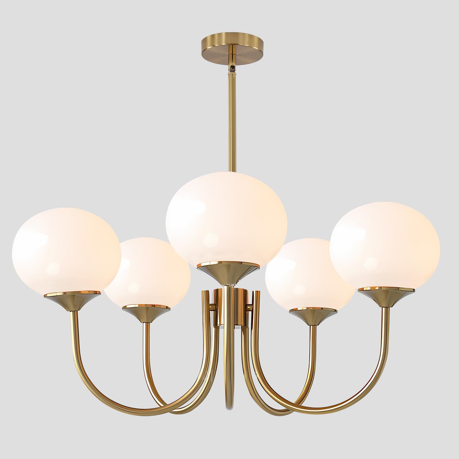 Modern Globe Chandelier with Milk Glass Shades - 5-Light Gold Pendant Ceiling Light, E26 Base, Adjustable for Flat/Sloped/Vaulted Ceilings