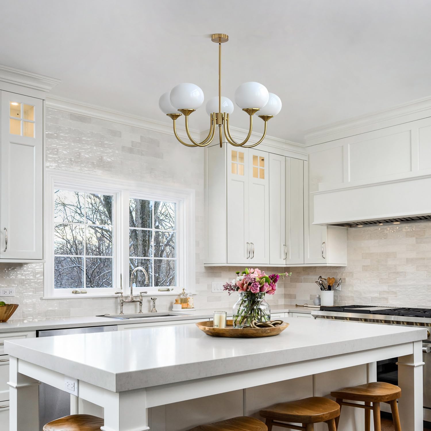 Modern Globe Chandelier with Milk Glass Shades - 5-Light Gold Pendant Ceiling Light, E26 Base, Adjustable for Flat/Sloped/Vaulted Ceilings