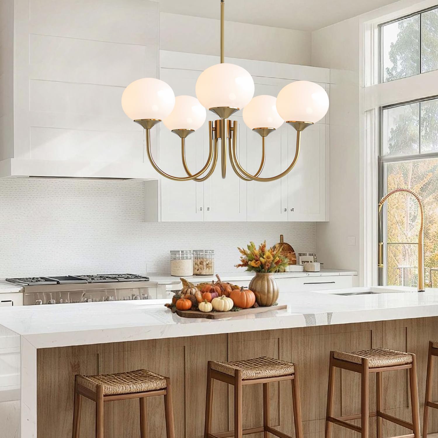 Modern Globe Chandelier with Milk Glass Shades - 5-Light Gold Pendant Ceiling Light, E26 Base, Adjustable for Flat/Sloped/Vaulted Ceilings
