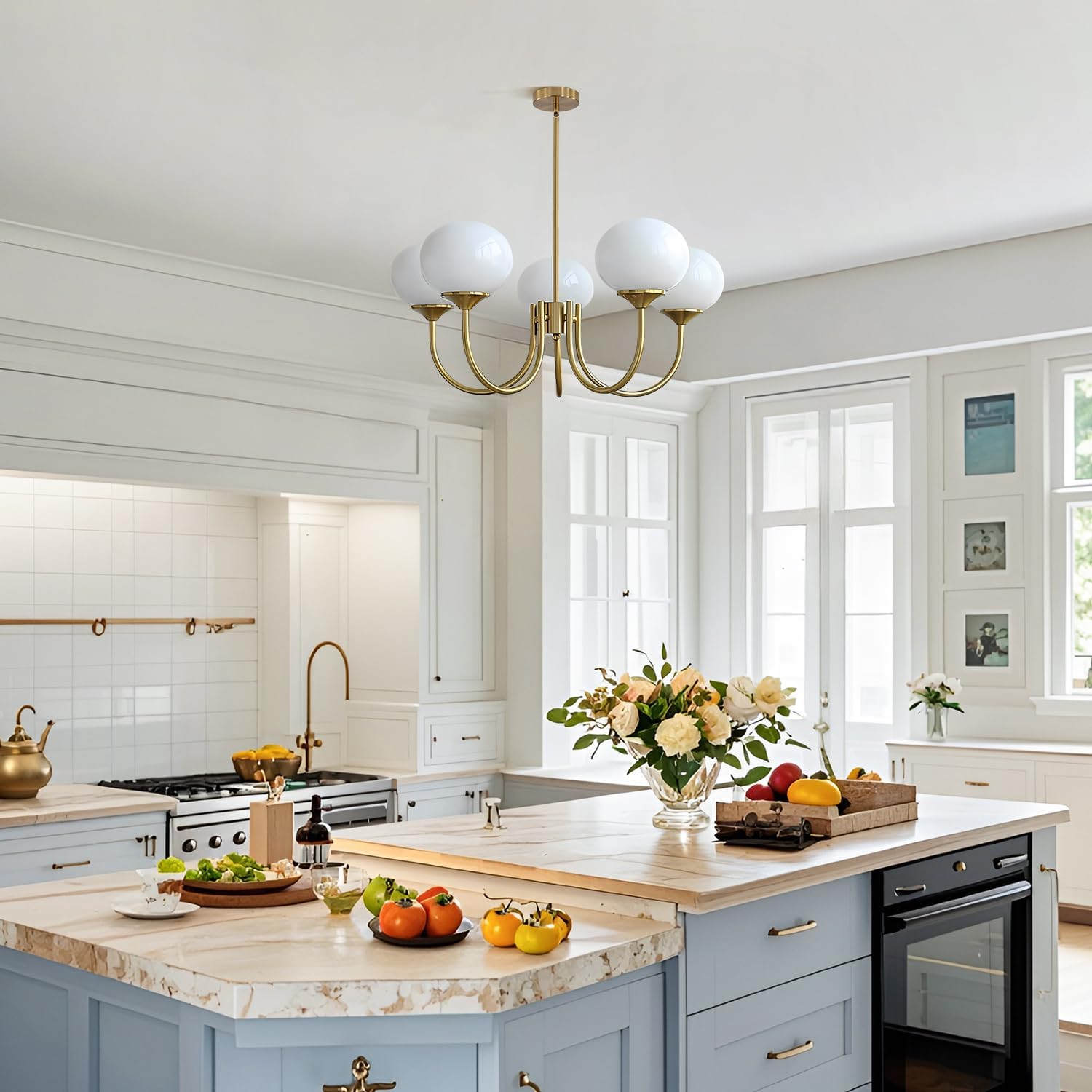 Modern Globe Chandelier with Milk Glass Shades - 5-Light Gold Pendant Ceiling Light, E26 Base, Adjustable for Flat/Sloped/Vaulted Ceilings