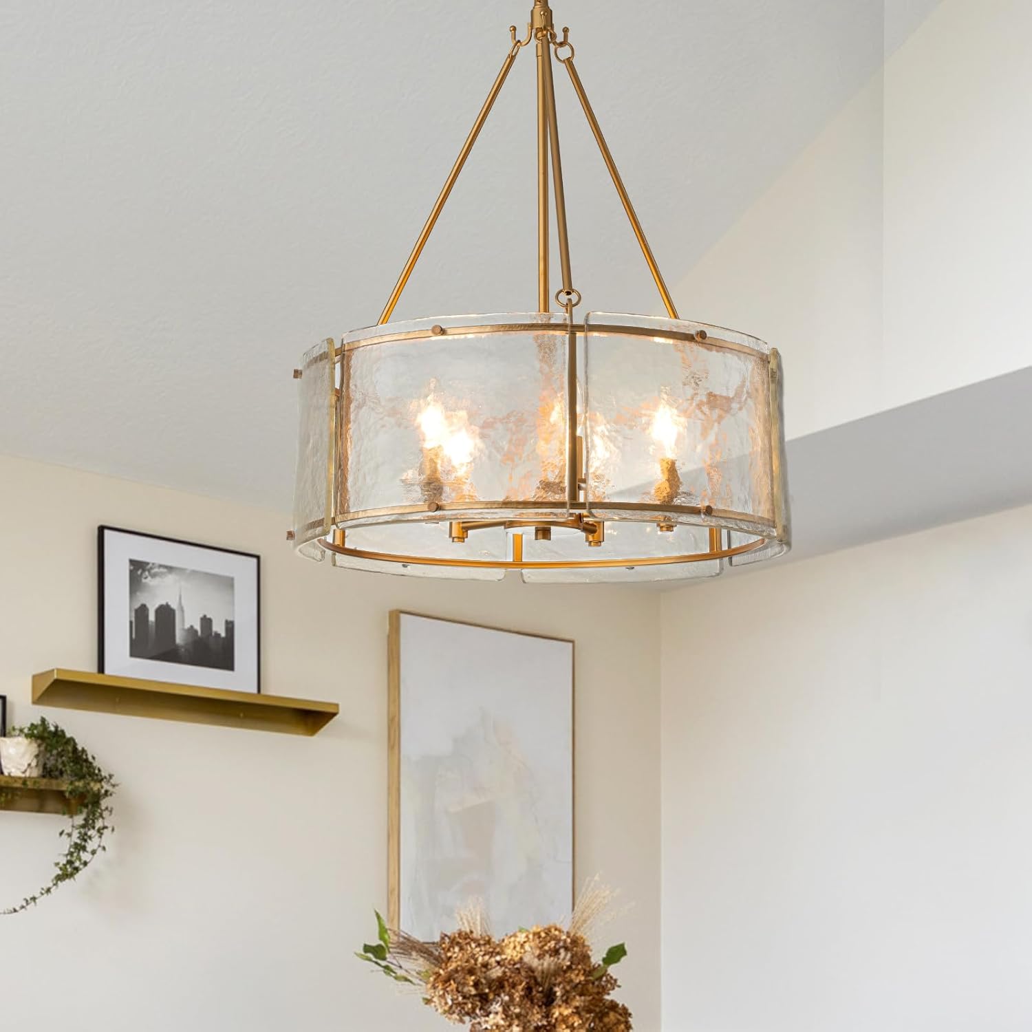 Modern Gold Round Chandelier – 6-Light Pendant Light with Clear Textured Glass and Adjustable Hanging Chain
