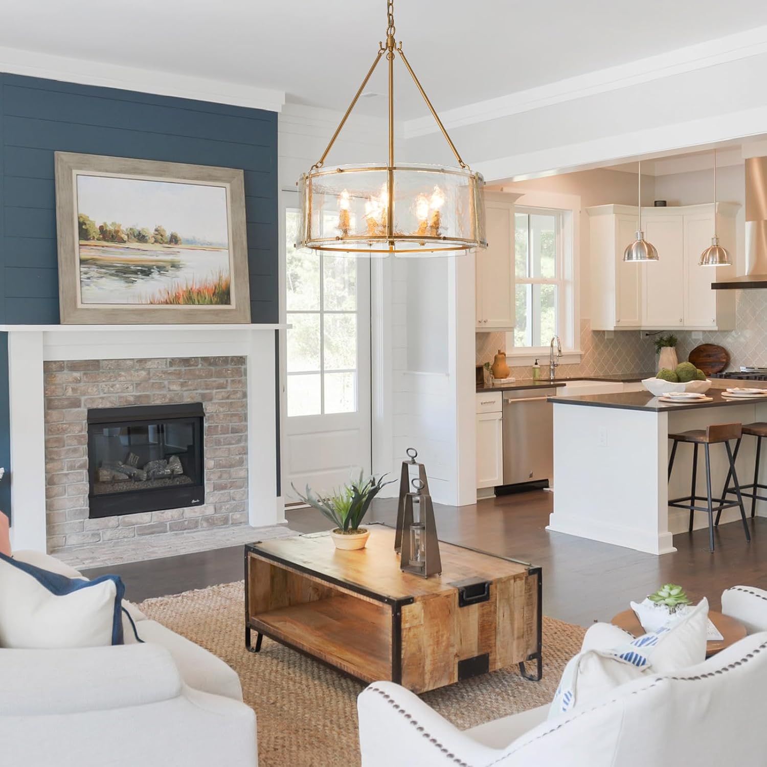 Modern Gold Round Chandelier – 6-Light Pendant Light with Clear Textured Glass and Adjustable Hanging Chain