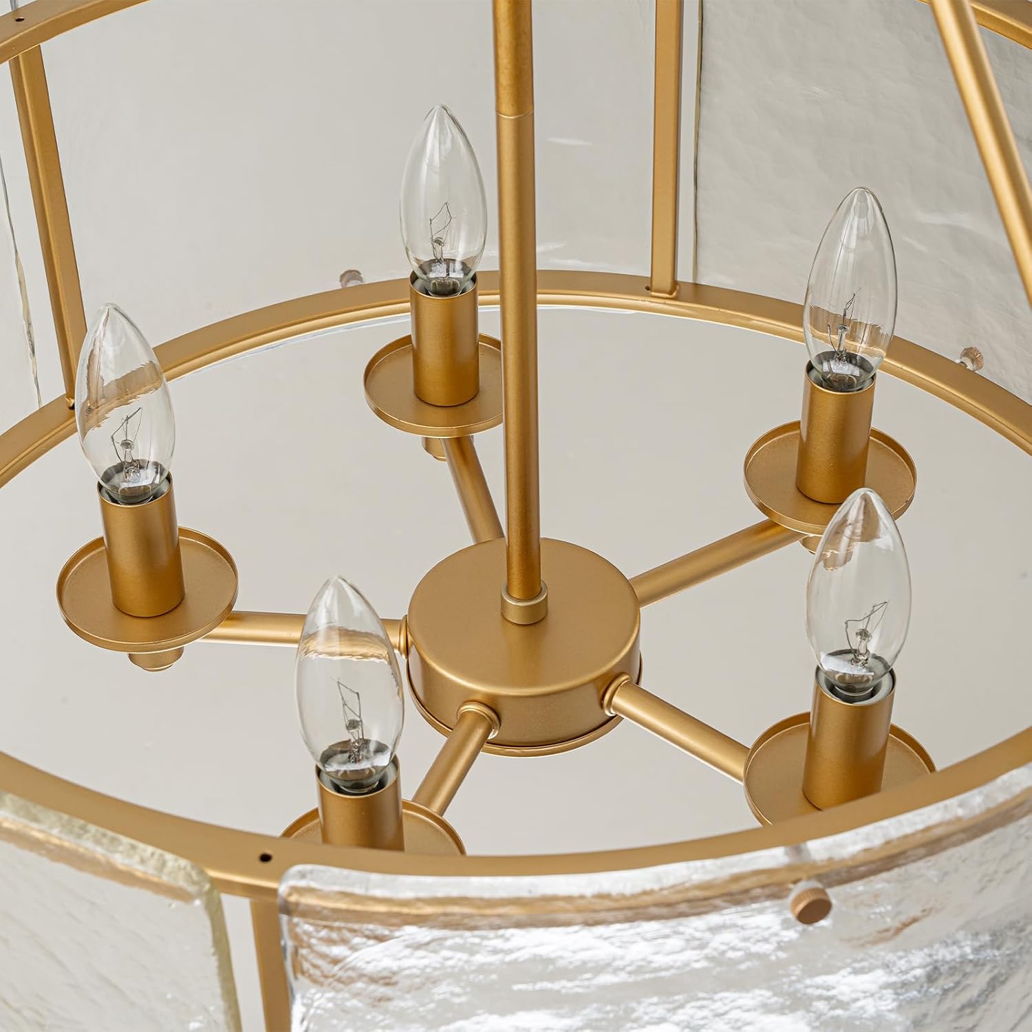 Modern Gold Round Chandelier – 6-Light Pendant Light with Clear Textured Glass and Adjustable Hanging Chain