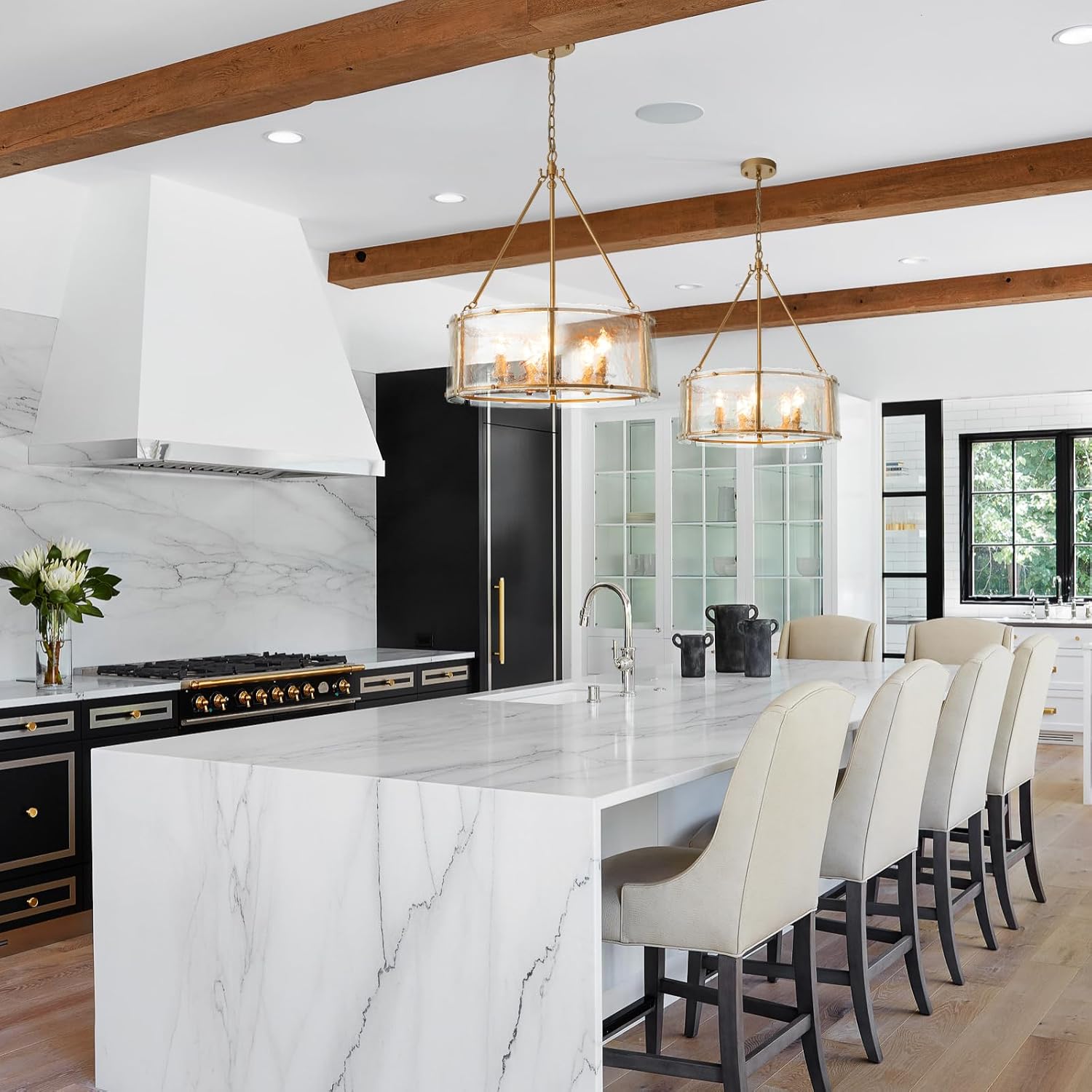 Modern Gold Round Chandelier – 6-Light Pendant Light with Clear Textured Glass and Adjustable Hanging Chain