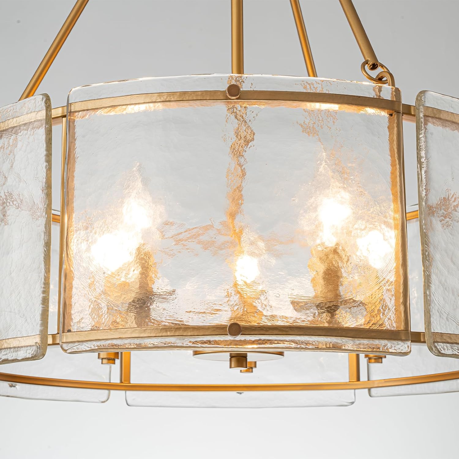 Modern Gold Round Chandelier – 6-Light Pendant Light with Clear Textured Glass and Adjustable Hanging Chain