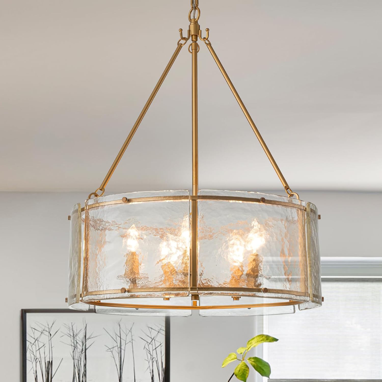 Modern Gold Round Chandelier – 6-Light Pendant Light with Clear Textured Glass and Adjustable Hanging Chain