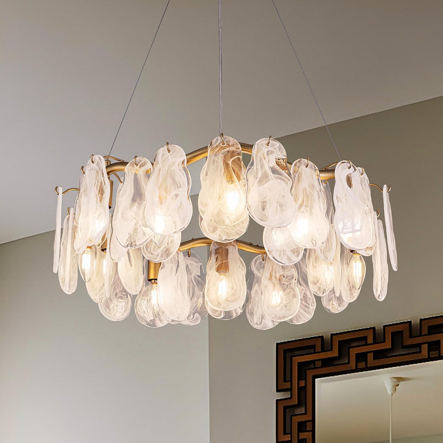 Modern Feather Glass Pendant Chandelier – Floating Gold Ceiling Light with Adjustable Hanging Wires