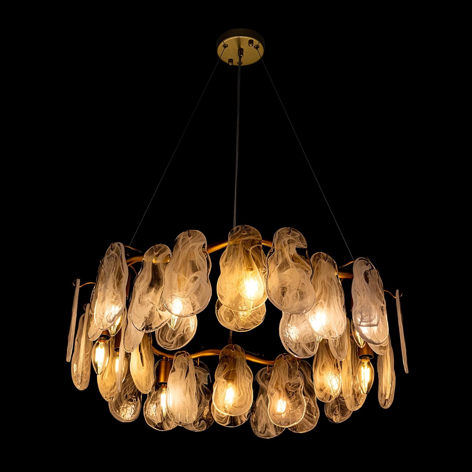 Modern Feather Glass Pendant Chandelier – Floating Gold Ceiling Light with Adjustable Hanging Wires