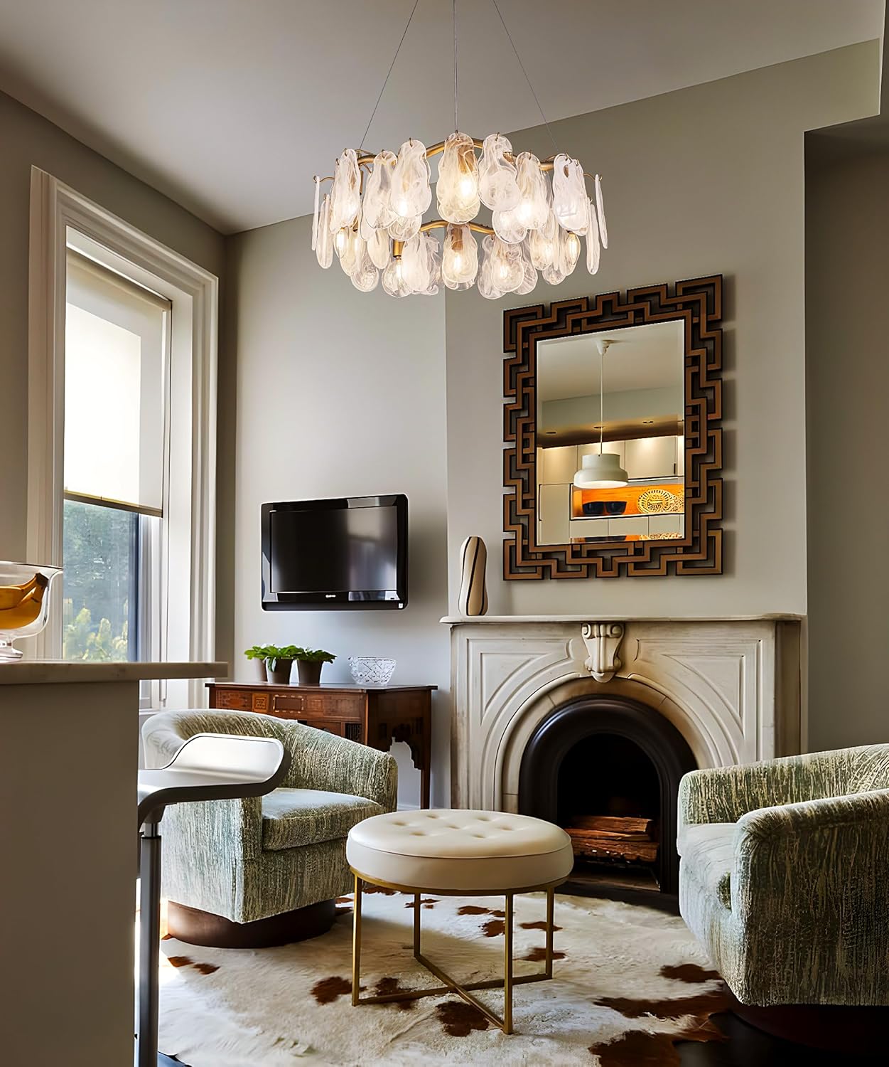 Modern Feather Glass Pendant Chandelier – Floating Gold Ceiling Light with Adjustable Hanging Wires