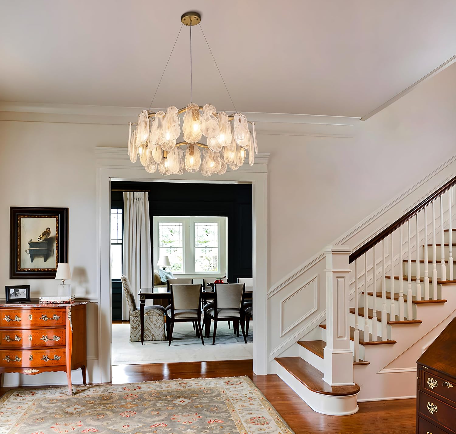 Modern Feather Glass Pendant Chandelier – Floating Gold Ceiling Light with Adjustable Hanging Wires