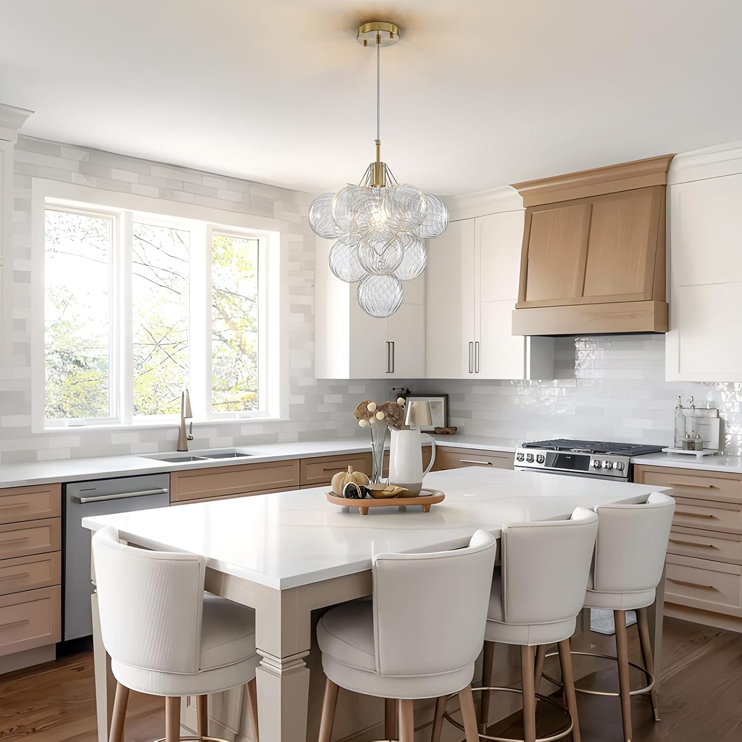 Modern Bubble Glass Globe Pendant Light – Adjustable E26 Ceiling Chandelier with Spare Globe