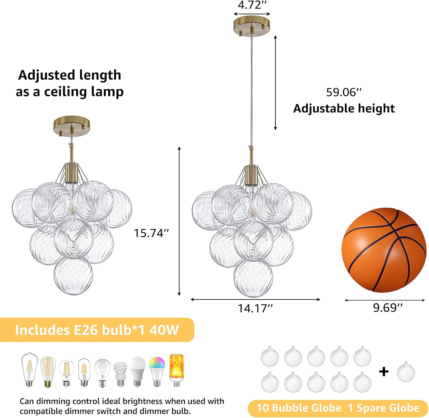 Modern Bubble Glass Globe Pendant Light – Adjustable E26 Ceiling Chandelier with Spare Globe