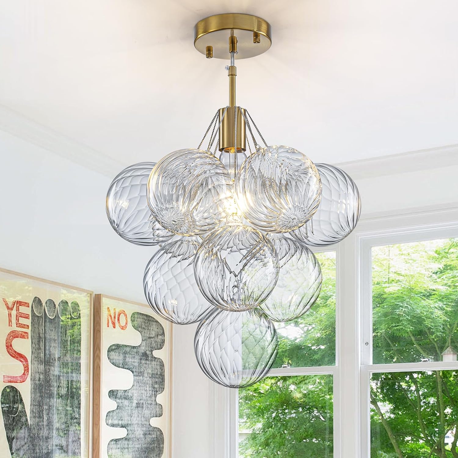 Modern Bubble Glass Globe Pendant Light – Adjustable E26 Ceiling Chandelier with Spare Globe