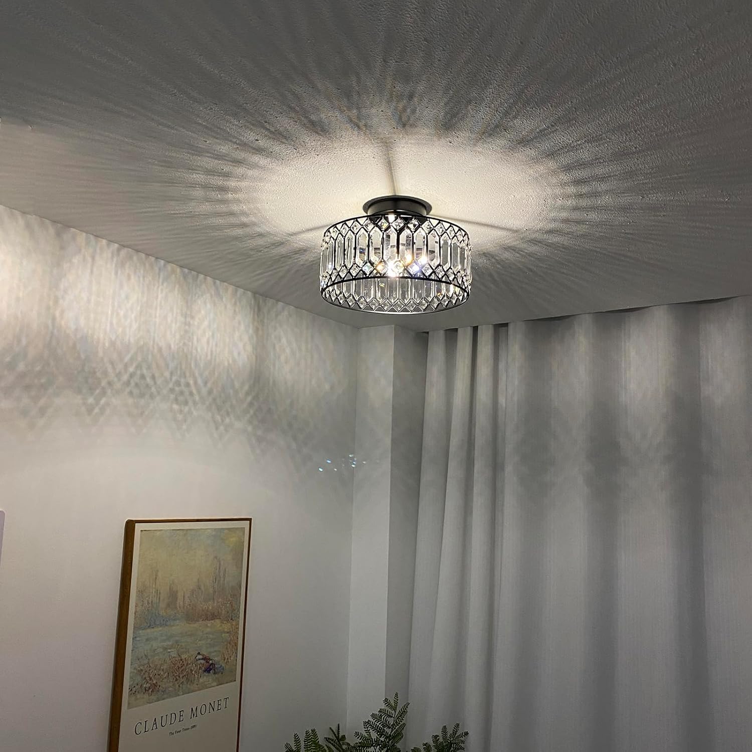 Modern Crystal Semi Flush Mount Ceiling Light with E26 Base, Dimmable Black Fixture for Bedroom and Living Room