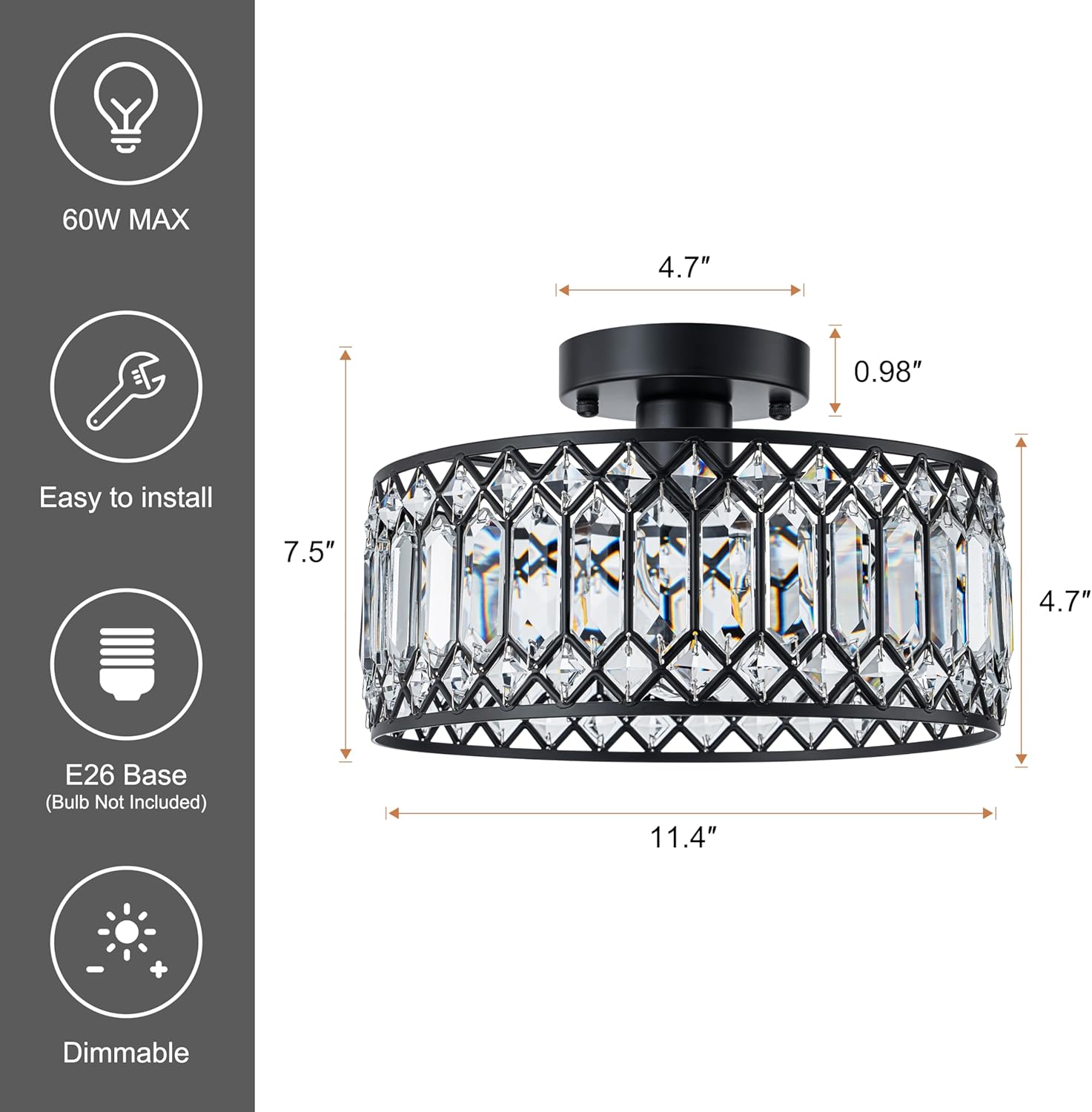 Modern Crystal Semi Flush Mount Ceiling Light with E26 Base, Dimmable Black Fixture for Bedroom and Living Room